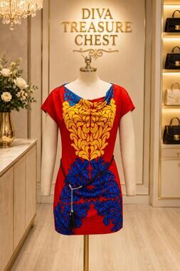 NEW PARIS PARIS women's belted cowl neck tunic top in red multi